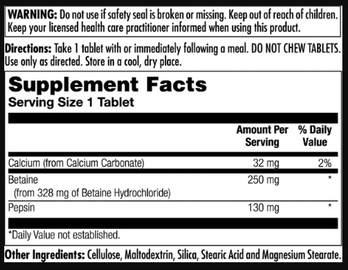 (22.07 Очікування) Betaine HCl Plus 250mg - 100 tabs