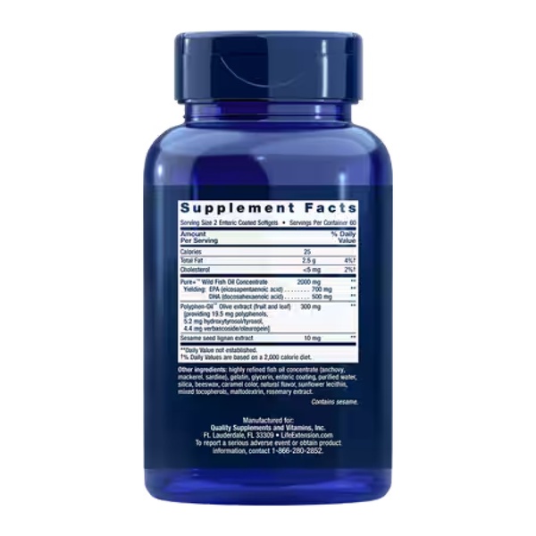 Super Omega-3 EPA/DHA Fish Oil, Sesame Lignans & Olive Extract - 120 Enteric coated softgels