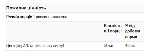 (12.02 Очікування) Zinc Picolinate 50mg - 120 vcaps