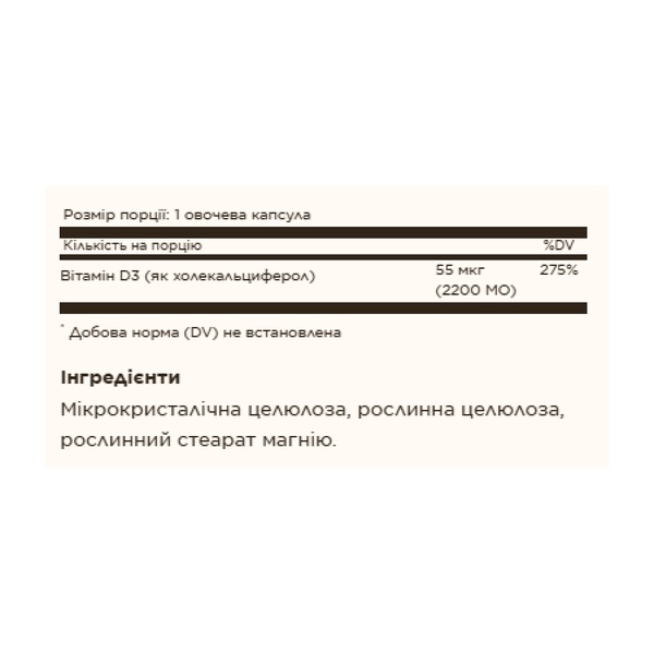 19.01 (Очікування) Vitamin D3 (Cholecalciferol) 55 mcg (2200 IU) - 50 vcaps