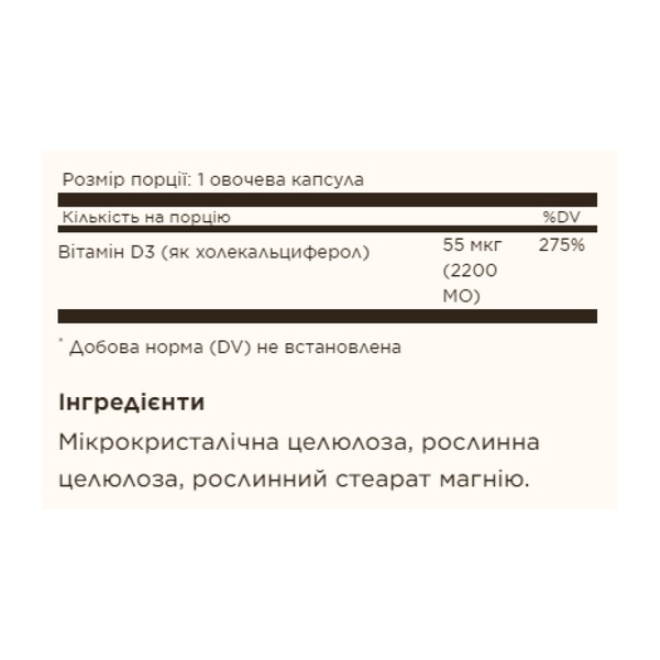 19.01 (Очікування) Vitamin D3 (Cholecalciferol) 55 mcg (2200 IU) - 100 vcaps